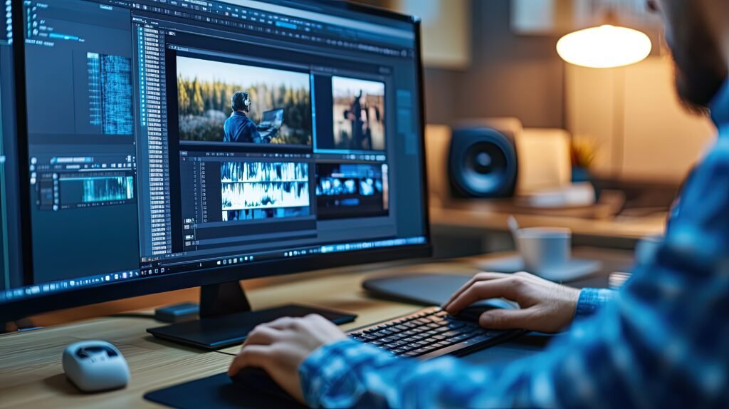 a person editing video content on a computer in a cozy workspace.